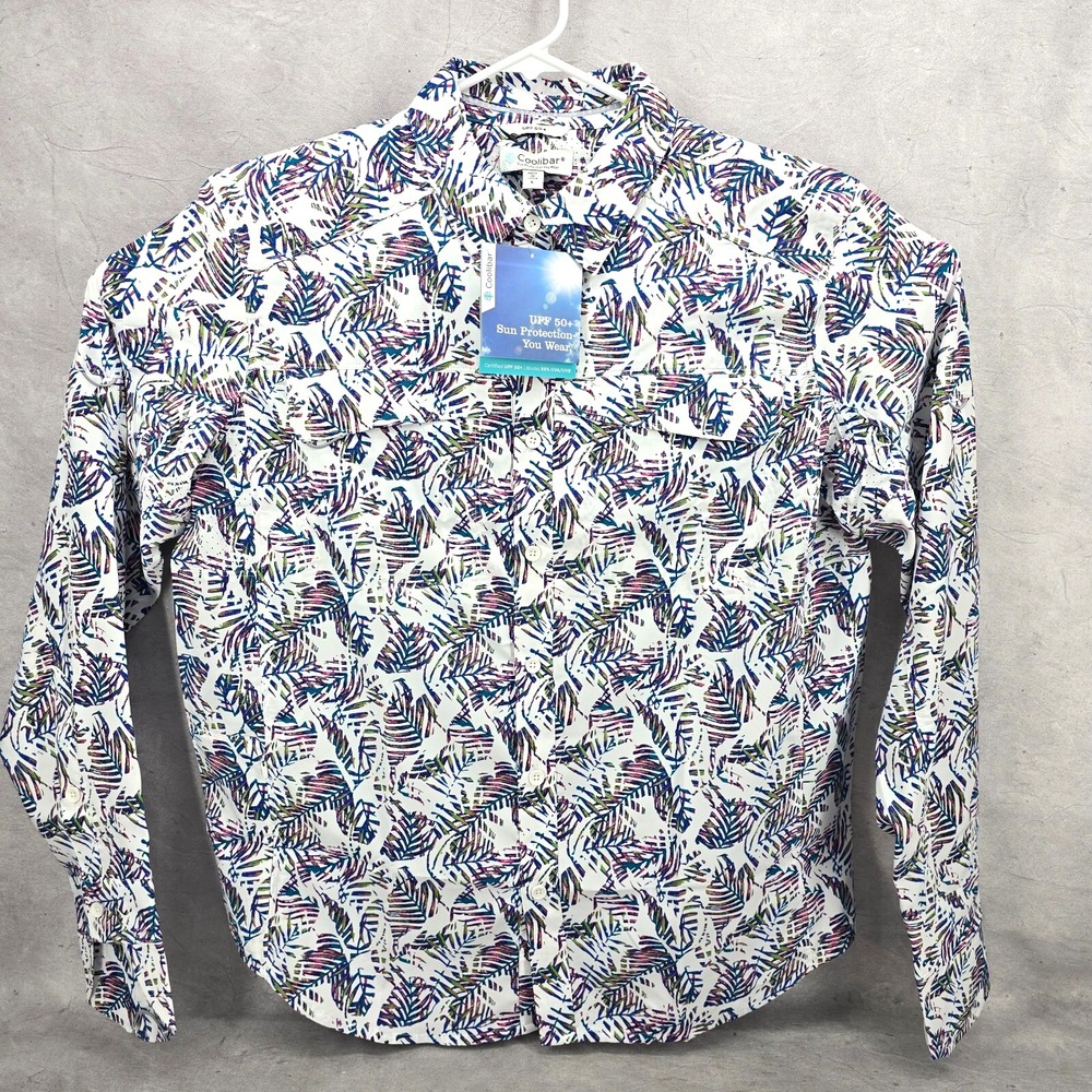 Coolibar Long‎ Sleeve Mens Nassau Fishing Shirt Large White Beach Leaves UPF 50+